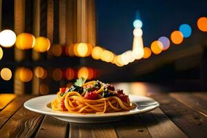 spaghetti med tomat och basilika på en tallrik. ai-genererad foto