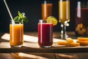 tre glasögon av juice och ost på en trä- tabell. ai-genererad foto