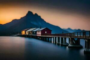 en lång exponering fotografera av en pir och en berg. ai-genererad foto