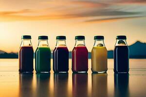 fem flaskor av juice är fodrad upp på en tabell. ai-genererad foto