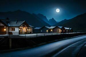 en full måne lyser över en berg väg på natt. ai-genererad foto