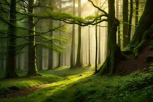 en skog med träd och solljus lysande genom. ai-genererad foto