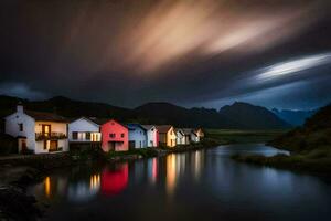 en flod och hus under en stormig himmel. ai-genererad foto