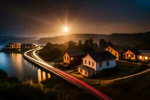 en lång exponering Foto av en stad på natt med de måne lysande. ai-genererad