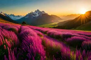 de Sol stiger över en fält av lavendel- blommor i de berg. ai-genererad foto