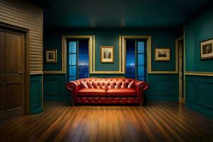 en röd soffa sitter i ett tömma rum med blå väggar. ai-genererad foto