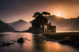 en slott sitter på de Strand av en sjö på solnedgång. ai-genererad foto