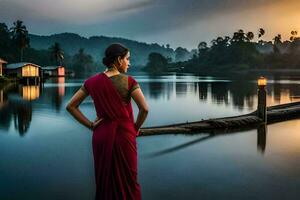 en kvinna i en röd sari står på de kant av en sjö på solnedgång. ai-genererad foto
