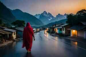 en kvinna i en röd morgonrock promenader ner en väg i de berg. ai-genererad foto