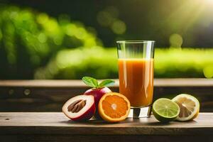 en glas av orange juice med frukt på en tabell. ai-genererad foto