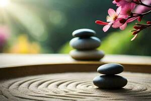 zen stenar och en rosa blomma på en trä- tabell. ai-genererad foto