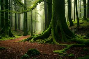 en grön skog med träd och träd. ai-genererad foto