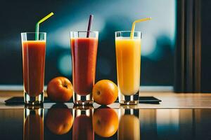 tre glasögon av juice med apelsiner och äpplen. ai-genererad foto