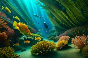 en färgrik under vattnet scen med fisk och koraller. ai-genererad foto
