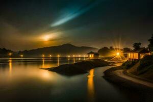 de måne lyser ljust över en sjö på natt. ai-genererad foto
