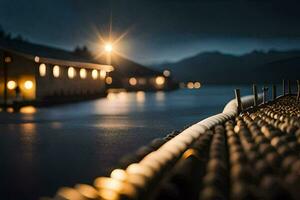 en båt är dockad på natt med lampor på. ai-genererad foto