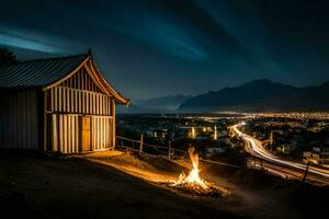 en stuga i de bergen med en brand och lampor. ai-genererad foto