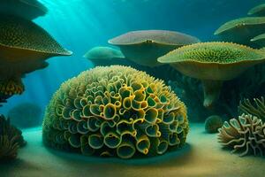 ett under vattnet scen med många annorlunda typer av koraller. ai-genererad foto