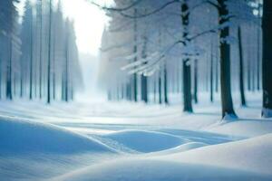 en snöig skog med träd och snö. ai-genererad foto