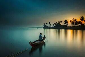 en man i en båt på de vatten på solnedgång. ai-genererad foto