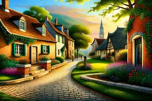 en målning av en by gata med hus och blommor. ai-genererad foto