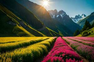 en fält av blommor med bergen i de bakgrund. ai-genererad foto
