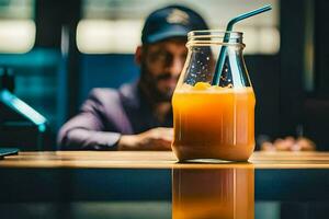 en man Sammanträde på en tabell med en glas av orange juice. ai-genererad foto