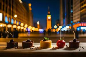en grupp av desserter på en trä- tabell i främre av en stad. ai-genererad foto