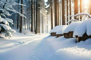 en snöig väg i de trän med hus. ai-genererad foto