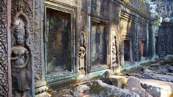 sten carving vid ta prohm tempel, siem skörd kambodja. foto