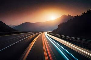 en lång exponering Foto av en motorväg på solnedgång. ai-genererad