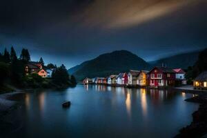 Foto tapet de himmel, natt, norge, hus, de by, de vatten, de. ai-genererad