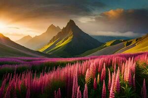 de Sol stiger över de bergen och de lupin blommor. ai-genererad foto