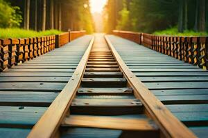 en trä- bro med en tåg Spår gående tvärs över Det. ai-genererad foto