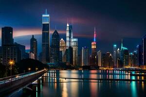 de stad horisont på natt i shanghai. ai-genererad foto