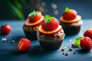 muffins med jordgubbar och mynta på en mörk blå bakgrund. ai-genererad foto