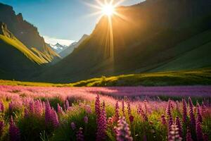 de Sol lyser över en fält av lila blommor i de berg. ai-genererad foto