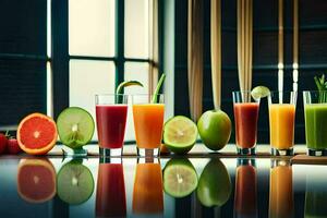 en rad av annorlunda färgad juicer på en tabell. ai-genererad foto