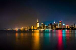de stad horisont på natt med lampor reflekterande av de vatten. ai-genererad foto