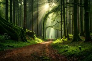 en väg genom en grön skog med solstrålar lysande ner. ai-genererad foto