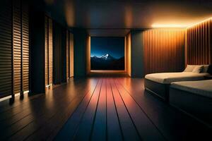 en sovrum med en berg se. ai-genererad foto