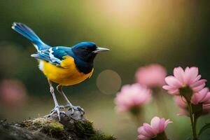 en blå och gul fågel är stående på en sten. ai-genererad foto