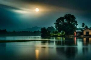 en hus på de vatten med en full måne. ai-genererad foto