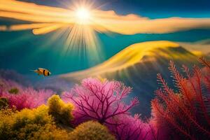 de Sol är lysande över en korall rev med fisk simning i de vatten. ai-genererad foto