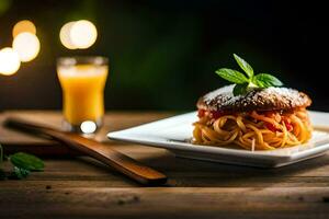 spaghetti med tomat sås och färsk basilika på en tallrik. ai-genererad foto