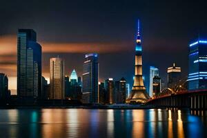 de shanghai horisont på natt. ai-genererad foto