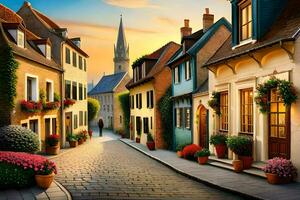en gata i Europa med hus och blommor. ai-genererad foto