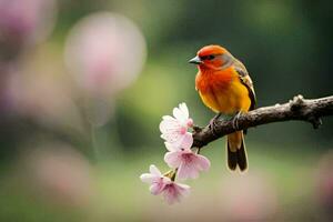 en små orange fågel sitter på en gren med rosa blommor. ai-genererad foto