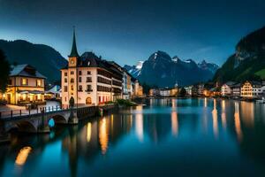 de stad av hallstatt i de alps på natt. ai-genererad foto