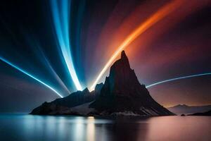 en berg med ljus spår i de himmel. ai-genererad foto